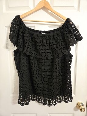 Cato Black Crochet Off-Shoulder Blouse with Ruffle Yoke Size 18/20W